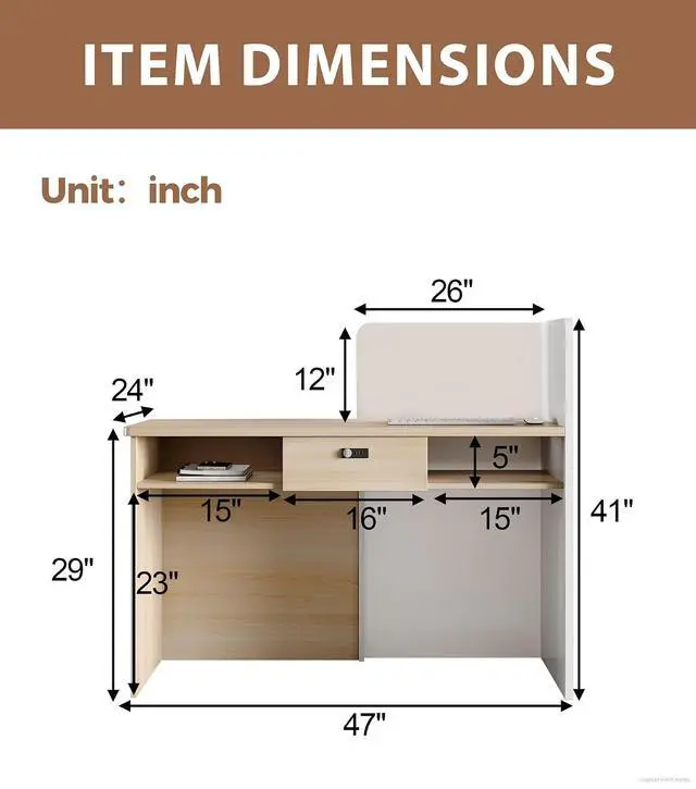 Alt view image 2 of 7 - 47" Small Reception Desk with LED Lights Modern Front Desk with Lockable Drawer, Storage Shelves, Privacy Panel & Cable Grommet for Office, Salon, Clinic, Checkout (White & Natural)