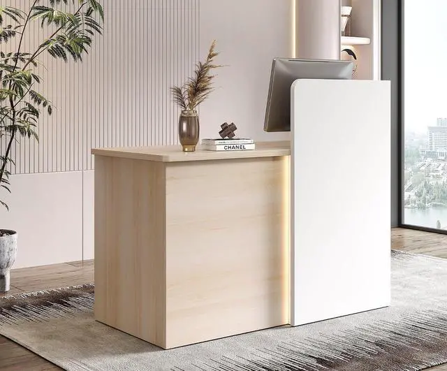 Main image of 47" Small Reception Desk with LED Lights Modern Front Desk with Lockable Drawer, Storage Shelves, Privacy Panel & Cable Grommet for Office, Salon, Clinic, Checkout (White & Natural)