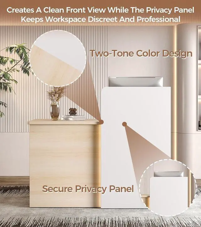 Alt view image 3 of 7 - 47" Small Reception Desk with LED Lights Modern Front Desk with Lockable Drawer, Storage Shelves, Privacy Panel & Cable Grommet for Office, Salon, Clinic, Checkout (White & Natural)