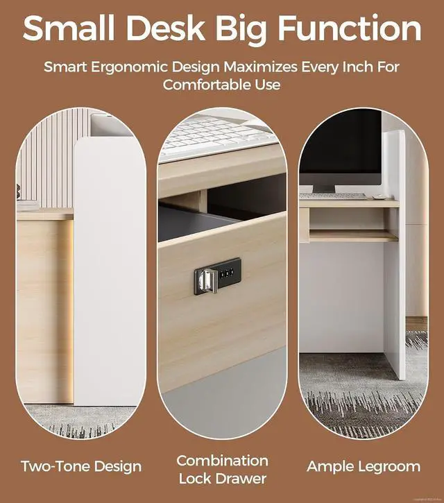 Alt view image 6 of 7 - 47" Small Reception Desk with LED Lights Modern Front Desk with Lockable Drawer, Storage Shelves, Privacy Panel & Cable Grommet for Office, Salon, Clinic, Checkout (White & Natural)