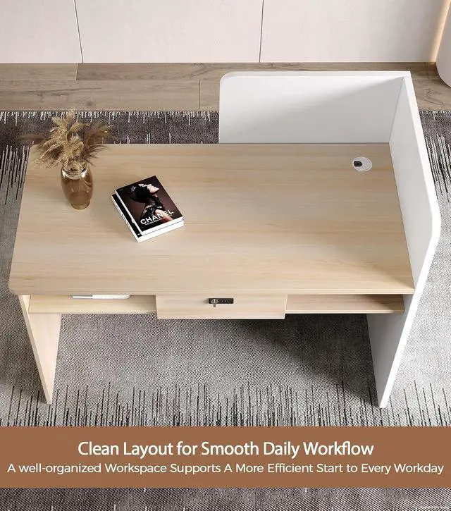 Alt view image 4 of 7 - 47" Small Reception Desk with LED Lights Modern Front Desk with Lockable Drawer, Storage Shelves, Privacy Panel & Cable Grommet for Office, Salon, Clinic, Checkout (White & Natural)
