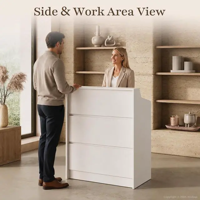 Alt view image 3 of 7 - 31.5" Small Reception Desk with Counter, Compact Receptionist Desk Checkout Counter with Lockable Drawer and Spacious Legroom for Office, Salon, Retail (White)