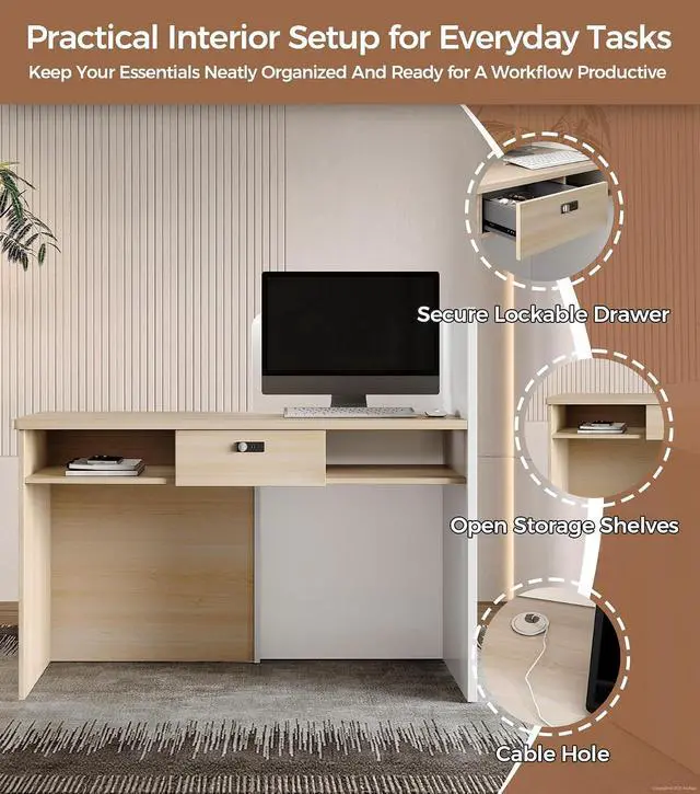 Alt view image 5 of 7 - 47" Small Reception Desk with LED Lights Modern Front Desk with Lockable Drawer, Storage Shelves, Privacy Panel & Cable Grommet for Office, Salon, Clinic, Checkout (White & Natural)
