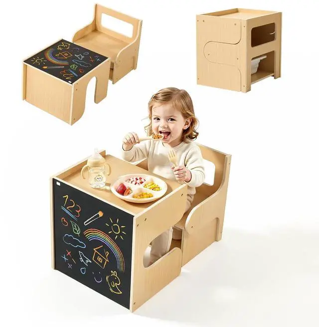 Main image of Montessori Weaning Table and Chair Set, Toddler Table and Chair Set with Blackboard & Storage Box, Converts to Small Side Cabinet, Kids Table and Chair for Learning, Drawing, Eating, Step Stool