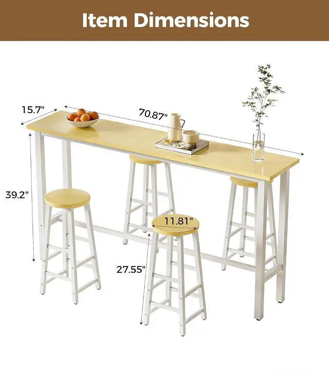 Alt view image 2 of 7 - 71" Bar Table with 4 Stools, Bar Height Pub Table with Metal Footrest, Bar Table and Chairs Set with Sturdy Metal Frame for Living Room, Dining Room, Kitchen (White & Maple)