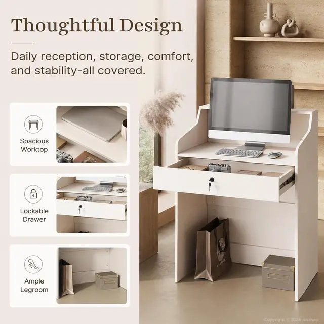 Alt view image 4 of 7 - 31.5" Small Reception Desk with Counter, Compact Receptionist Desk Checkout Counter with Lockable Drawer and Spacious Legroom for Office, Salon, Retail (White)
