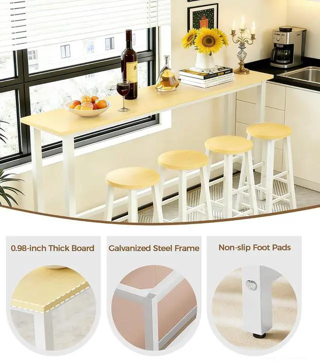 Alt view image 4 of 7 - 71" Bar Table with 4 Stools, Bar Height Pub Table with Metal Footrest, Bar Table and Chairs Set with Sturdy Metal Frame for Living Room, Dining Room, Kitchen (White & Maple)