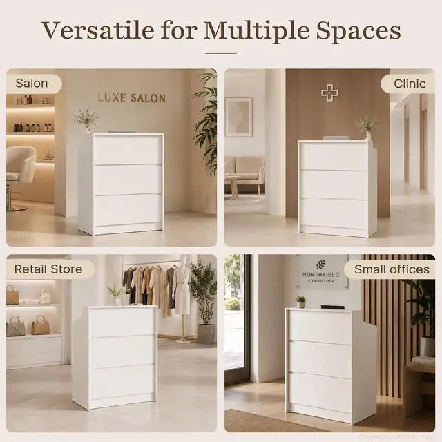Alt view image 7 of 7 - 31.5" Small Reception Desk with Counter, Compact Receptionist Desk Checkout Counter with Lockable Drawer and Spacious Legroom for Office, Salon, Retail (White)