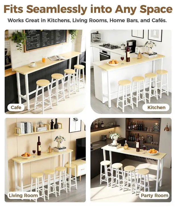 Alt view image 6 of 7 - 71" Bar Table with 4 Stools, Bar Height Pub Table with Metal Footrest, Bar Table and Chairs Set with Sturdy Metal Frame for Living Room, Dining Room, Kitchen (White & Maple)