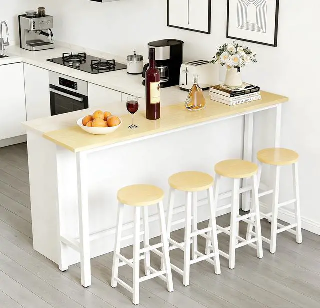 Main image of 71" Bar Table with 4 Stools, Bar Height Pub Table with Metal Footrest, Bar Table and Chairs Set with Sturdy Metal Frame for Living Room, Dining Room, Kitchen (White & Maple)