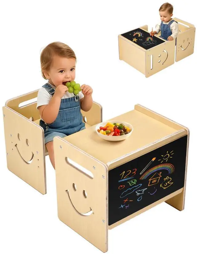 Main image of Montessori Weaning Table and Chair Set, 3 in 1 Wooden Toddler Table and Chairs with Chalkboard, Adjustable Height Montessori Table for Ages 1-5, Ideal for Drawing, Reading, Eating - Natural