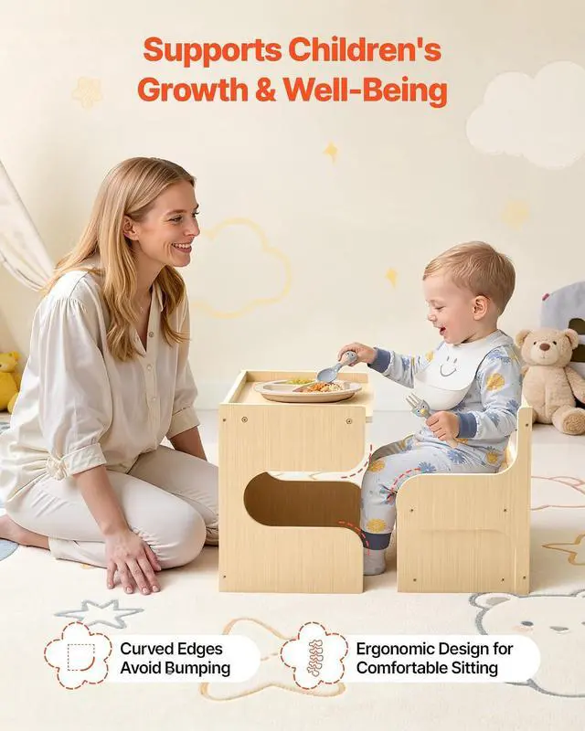 Alt view image 6 of 7 - Montessori Weaning Table and Chair Set, Toddler Table and Chair Set with Blackboard & Storage Box, Converts to Small Side Cabinet, Kids Table and Chair for Learning, Drawing, Eating, Step Stool