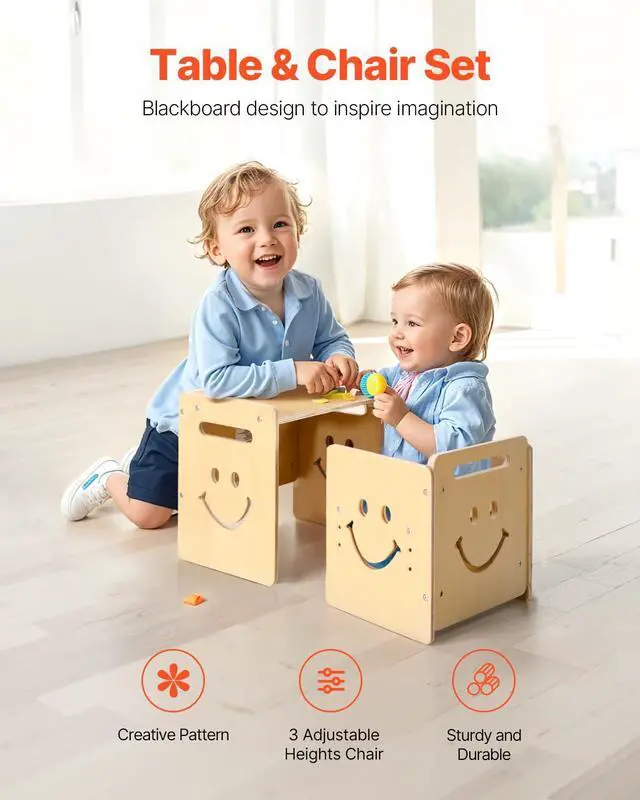Alt view image 2 of 7 - Montessori Weaning Table and Chair Set, 3 in 1 Wooden Toddler Table and Chairs with Chalkboard, Adjustable Height Montessori Table for Ages 1-5, Ideal for Drawing, Reading, Eating - Natural