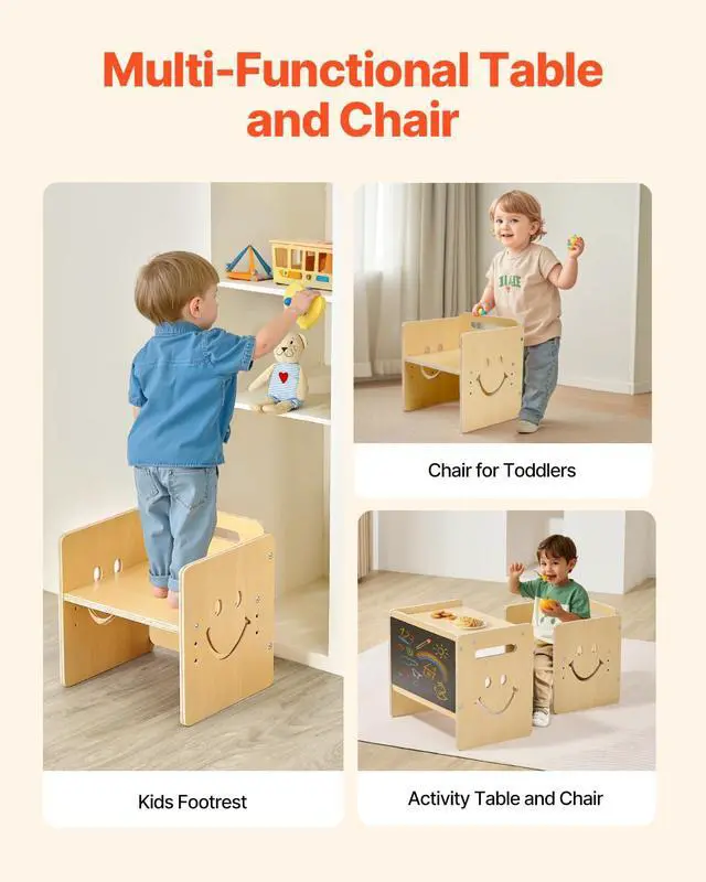 Alt view image 6 of 7 - Montessori Weaning Table and Chair Set, 3 in 1 Wooden Toddler Table and Chairs with Chalkboard, Adjustable Height Montessori Table for Ages 1-5, Ideal for Drawing, Reading, Eating - Natural