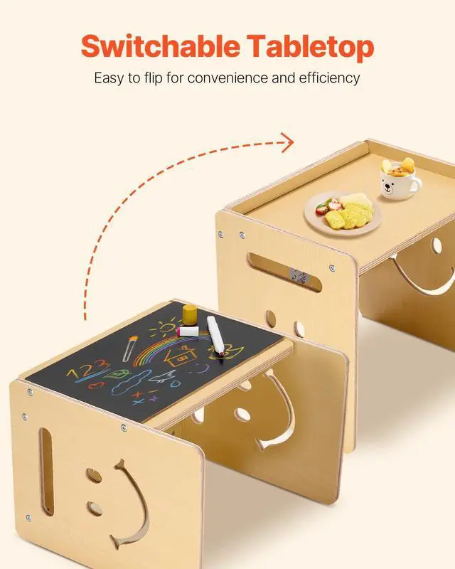 Alt view image 5 of 7 - Montessori Weaning Table and Chair Set, 3 in 1 Wooden Toddler Table and Chairs with Chalkboard, Adjustable Height Montessori Table for Ages 1-5, Ideal for Drawing, Reading, Eating - Natural