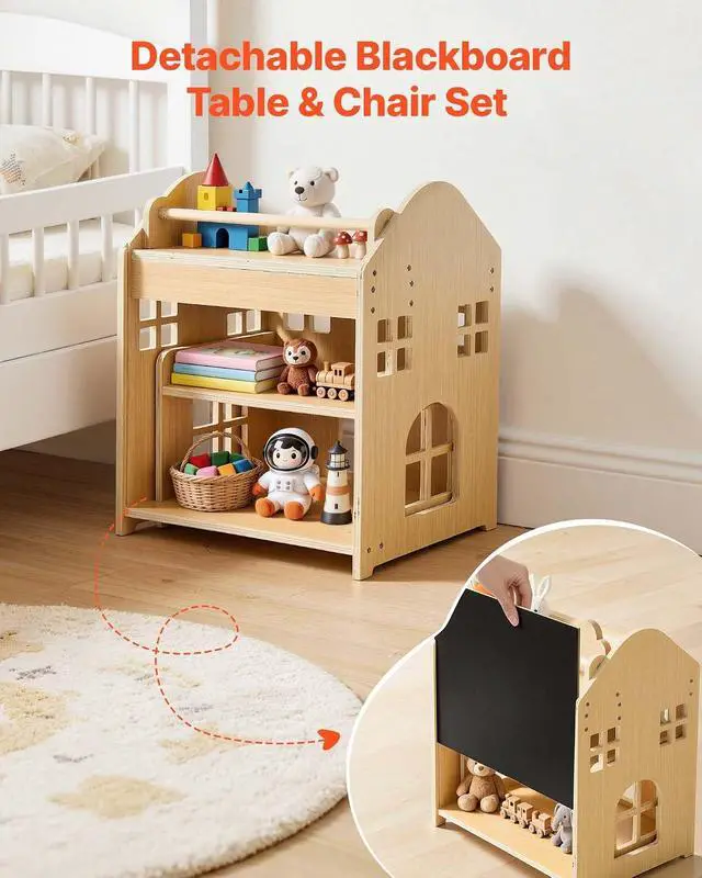 Alt view image 4 of 7 - Montessori Weaning Table and Chair Set, Playhouse-Style Toddler Table and Chair Set with Detachable Blackboard, 0-35° Adjustable Tabletop, Kids Table and Chair for Drawing and Play