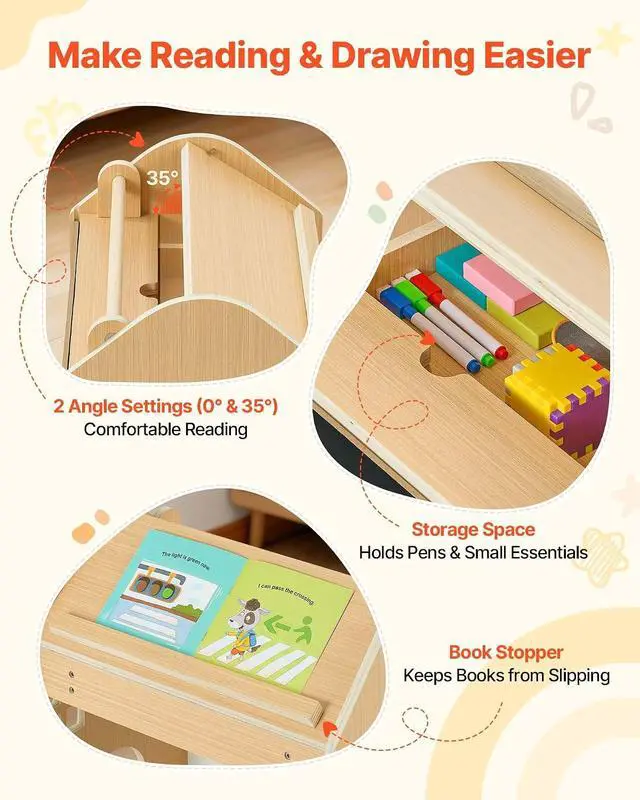 Alt view image 5 of 7 - Montessori Weaning Table and Chair Set, Playhouse-Style Toddler Table and Chair Set with Detachable Blackboard, 0-35° Adjustable Tabletop, Kids Table and Chair for Drawing and Play