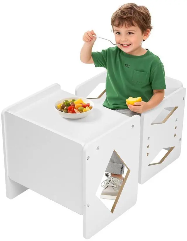 Main image of Montessori Weaning Table and Chair Set, Wooden Toddler Table and Chair Set for Aged 1-5, Adjustable Height Kids Montessori Chair and Activity Table, Ideal for Reading, Eating, Playing - White