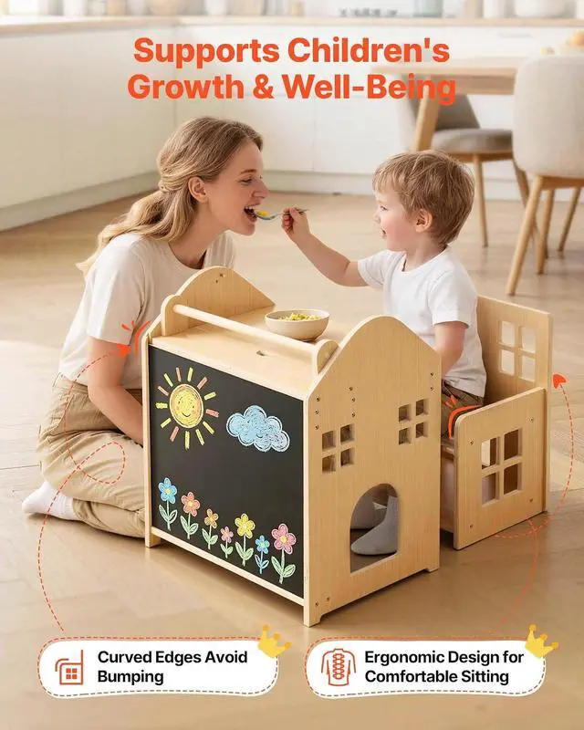 Alt view image 7 of 7 - Montessori Weaning Table and Chair Set, Playhouse-Style Toddler Table and Chair Set with Detachable Blackboard, 0-35° Adjustable Tabletop, Kids Table and Chair for Drawing and Play