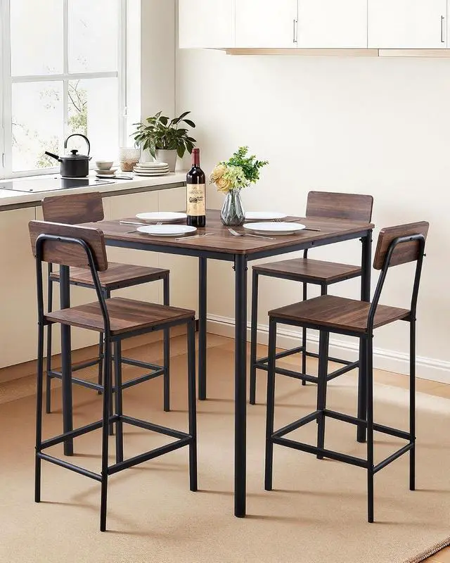 Alt view image 2 of 7 - Bar Table and Chairs Set, 5PCS 35 Bars Tables Set with Rounded Edge Design, Square Pub Table with Four Stools for Living Room, Dining Room, Kitchen, Walnut Color, Black