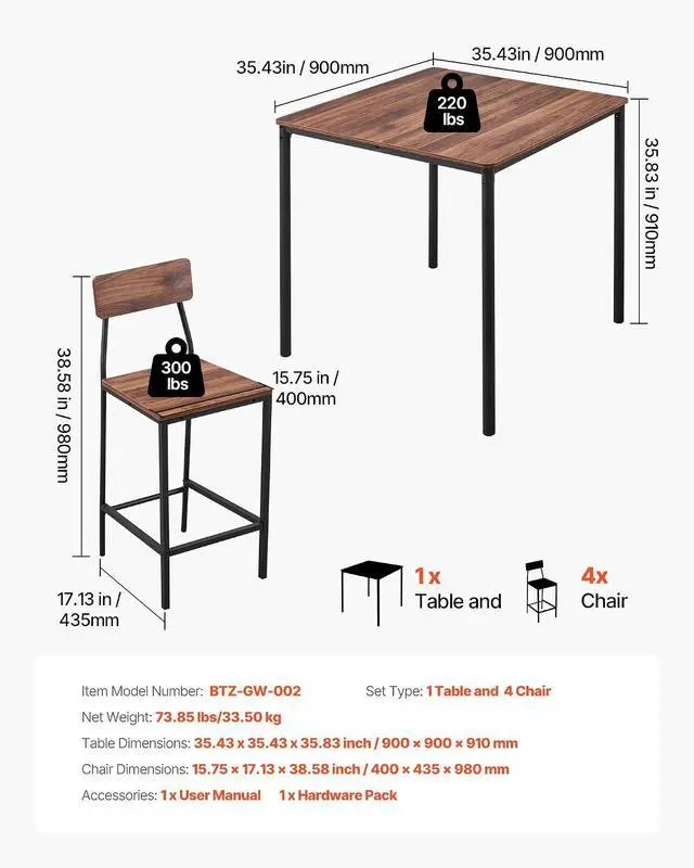 Alt view image 3 of 7 - Bar Table and Chairs Set, 5PCS 35 Bars Tables Set with Rounded Edge Design, Square Pub Table with Four Stools for Living Room, Dining Room, Kitchen, Walnut Color, Black