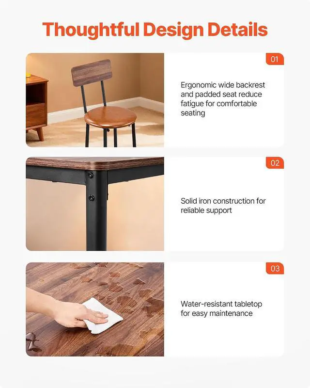 Alt view image 7 of 7 - Bar Table and Chairs Set, 5PCS 35 Bars Tables Set with Rounded Edge Design, Square Pub Table with Four Stools for Living Room, Dining Room, Kitchen, Walnut Color, Black
