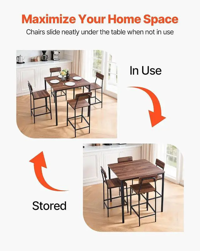 Alt view image 5 of 7 - Bar Table and Chairs Set, 5PCS 35 Bars Tables Set with Rounded Edge Design, Square Pub Table with Four Stools for Living Room, Dining Room, Kitchen, Walnut Color, Black