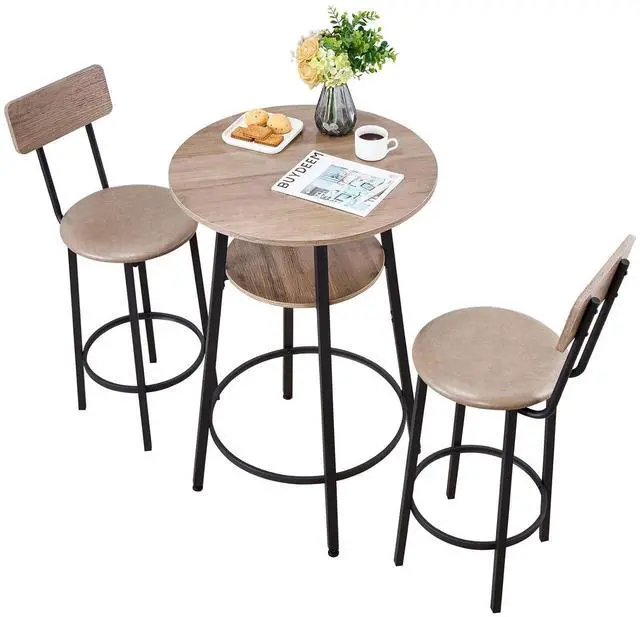 Main image of Bar Table and Chairs Set, 3PCS 23.5 Bars Tables Set with Rounded Corner Design, Round Pub Table with Two Stools for Office Desk, Breakfast Corner, Mini Bars, Light Gray, Black