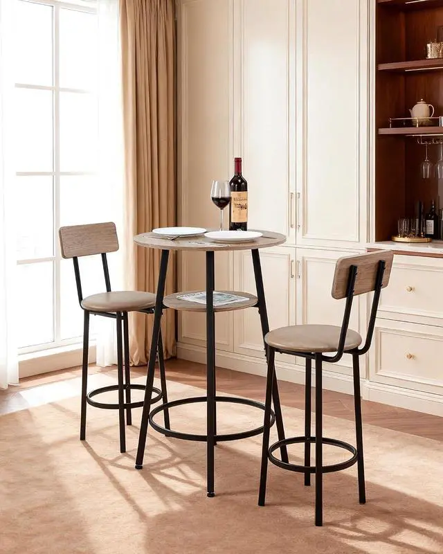 Alt view image 2 of 7 - Bar Table and Chairs Set, 3PCS 23.5 Bars Tables Set with Rounded Corner Design, Round Pub Table with Two Stools for Office Desk, Breakfast Corner, Mini Bars, Light Gray, Black