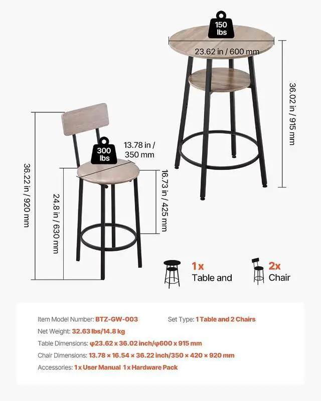 Alt view image 3 of 7 - Bar Table and Chairs Set, 3PCS 23.5 Bars Tables Set with Rounded Corner Design, Round Pub Table with Two Stools for Office Desk, Breakfast Corner, Mini Bars, Light Gray, Black