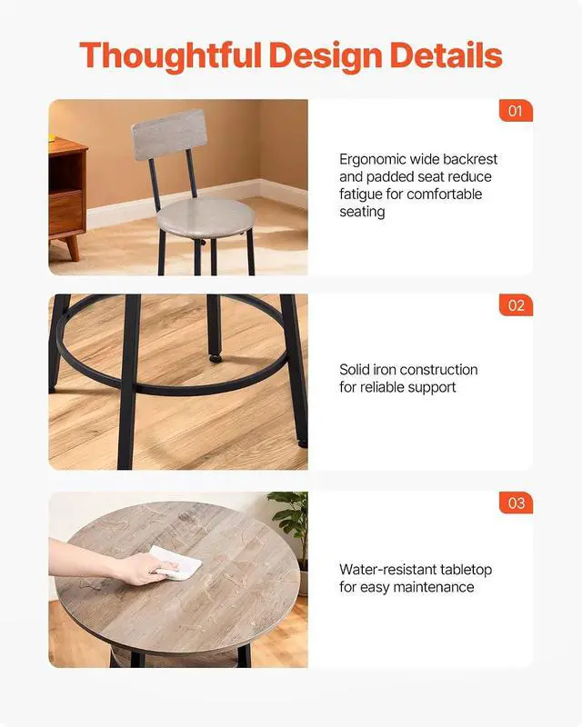Alt view image 7 of 7 - Bar Table and Chairs Set, 3PCS 23.5 Bars Tables Set with Rounded Corner Design, Round Pub Table with Two Stools for Office Desk, Breakfast Corner, Mini Bars, Light Gray, Black