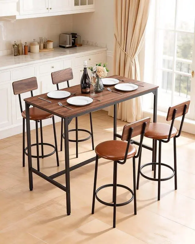 Alt view image 2 of 7 - Bar Table and Chairs Set, 5PCS 47.2 Bars Tables Set with Rounded Edge Design, Rectangular Pub Table with Four Stools for Living Room, Dining Room, Kitchen, Walnut Color, Black
