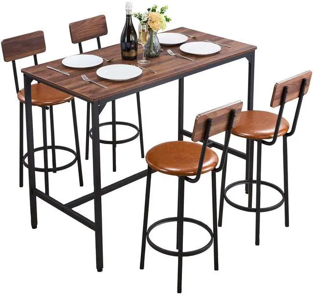 Main image of Bar Table and Chairs Set, 5PCS 47.2 Bars Tables Set with Rounded Edge Design, Rectangular Pub Table with Four Stools for Living Room, Dining Room, Kitchen, Walnut Color, Black