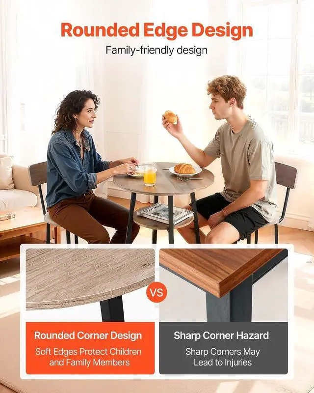 Alt view image 6 of 7 - Bar Table and Chairs Set, 3PCS 23.5 Bars Tables Set with Rounded Corner Design, Round Pub Table with Two Stools for Office Desk, Breakfast Corner, Mini Bars, Light Gray, Black