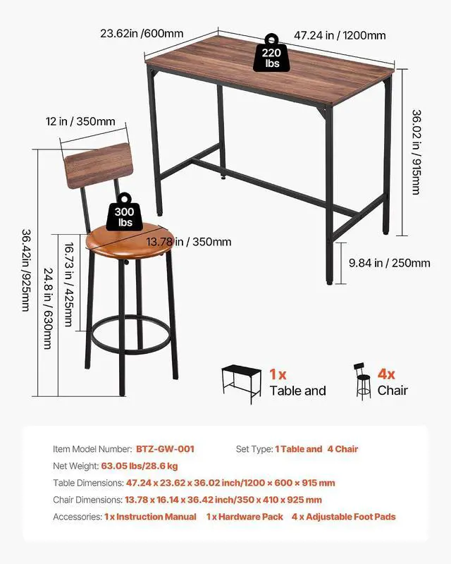 Alt view image 3 of 7 - Bar Table and Chairs Set, 5PCS 47.2 Bars Tables Set with Rounded Edge Design, Rectangular Pub Table with Four Stools for Living Room, Dining Room, Kitchen, Walnut Color, Black
