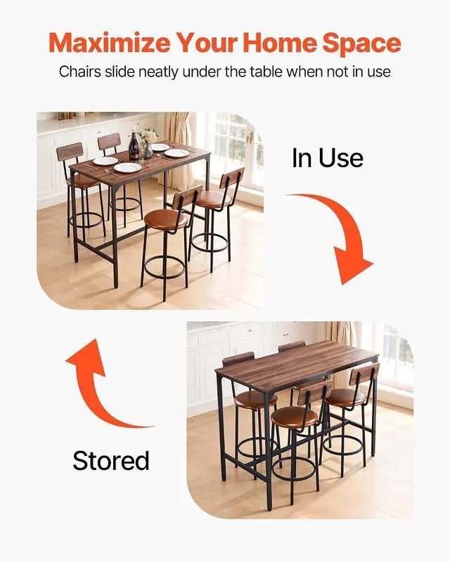 Alt view image 5 of 7 - Bar Table and Chairs Set, 5PCS 47.2 Bars Tables Set with Rounded Edge Design, Rectangular Pub Table with Four Stools for Living Room, Dining Room, Kitchen, Walnut Color, Black