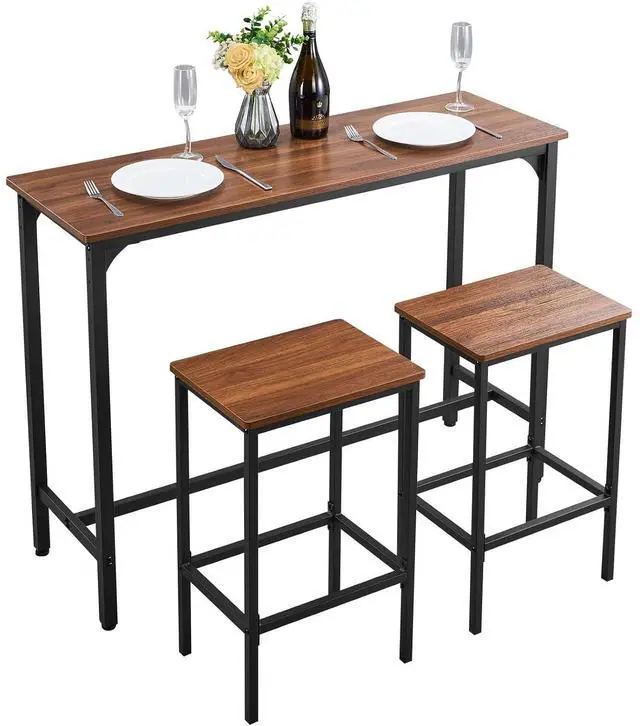 Main image of Bar Table and Chairs Set, 3PCS 47.2 Bars Tables Set with Rounded Edge Design, Rectangular Pub Table with Two Stools for Office Desk, Breakfast Corner, Mini Bars, Walnut Color, Black