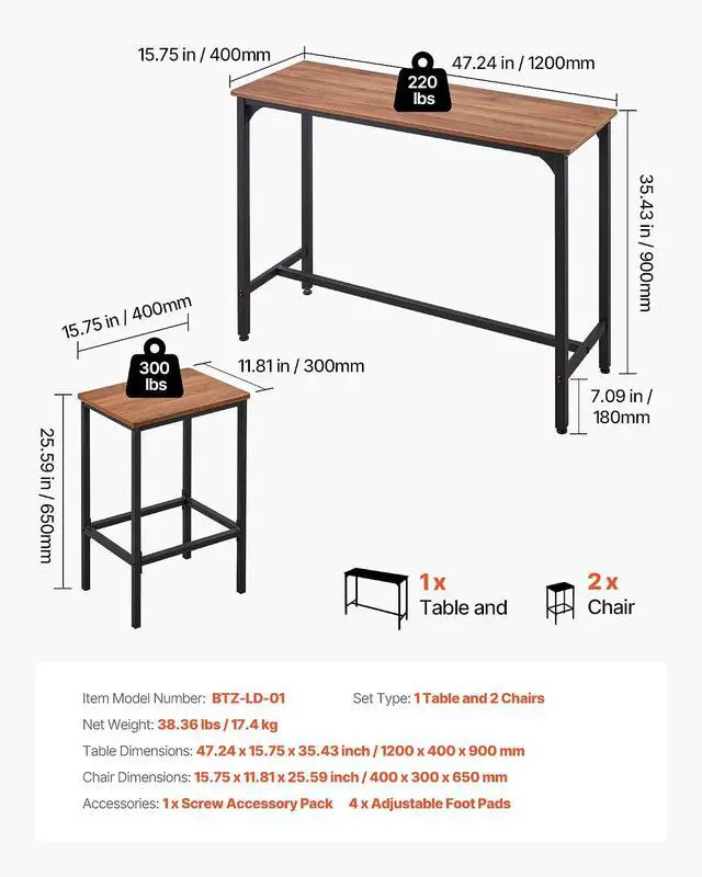 Alt view image 3 of 7 - Bar Table and Chairs Set, 3PCS 47.2 Bars Tables Set with Rounded Edge Design, Rectangular Pub Table with Two Stools for Office Desk, Breakfast Corner, Mini Bars, Walnut Color, Black