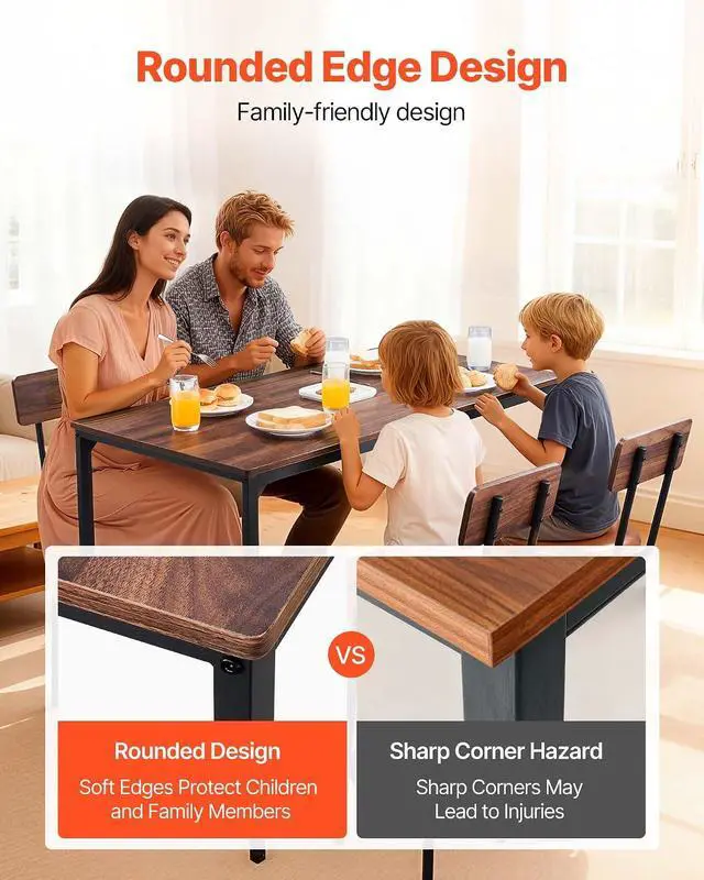 Alt view image 6 of 7 - Bar Table and Chairs Set, 5PCS 47.2 Bars Tables Set with Rounded Edge Design, Rectangular Pub Table with Four Stools for Living Room, Dining Room, Kitchen, Walnut Color, Black