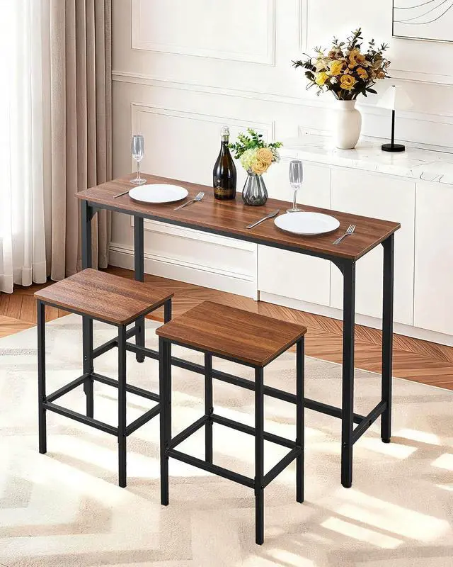 Alt view image 2 of 7 - Bar Table and Chairs Set, 3PCS 47.2 Bars Tables Set with Rounded Edge Design, Rectangular Pub Table with Two Stools for Office Desk, Breakfast Corner, Mini Bars, Walnut Color, Black