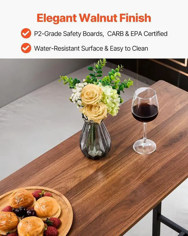 Alt view image 4 of 7 - Bar Table and Chairs Set, 3PCS 47.2 Bars Tables Set with Rounded Edge Design, Rectangular Pub Table with Two Stools for Office Desk, Breakfast Corner, Mini Bars, Walnut Color, Black