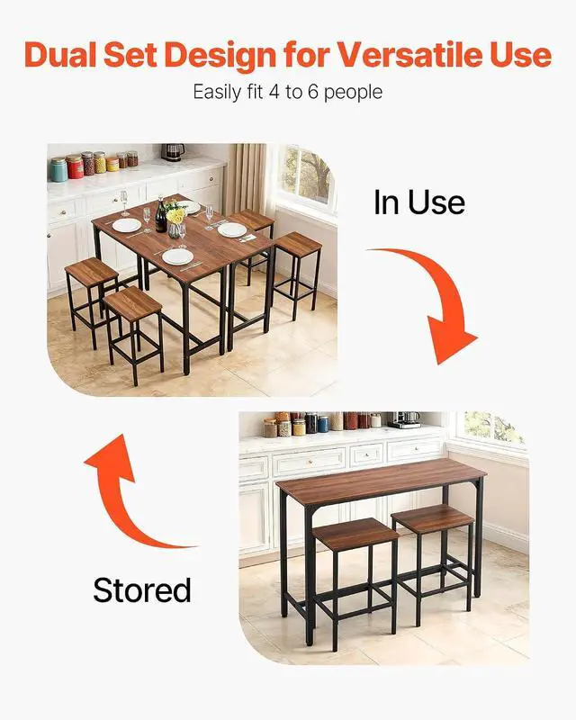 Alt view image 5 of 7 - Bar Table and Chairs Set, 3PCS 47.2 Bars Tables Set with Rounded Edge Design, Rectangular Pub Table with Two Stools for Office Desk, Breakfast Corner, Mini Bars, Walnut Color, Black