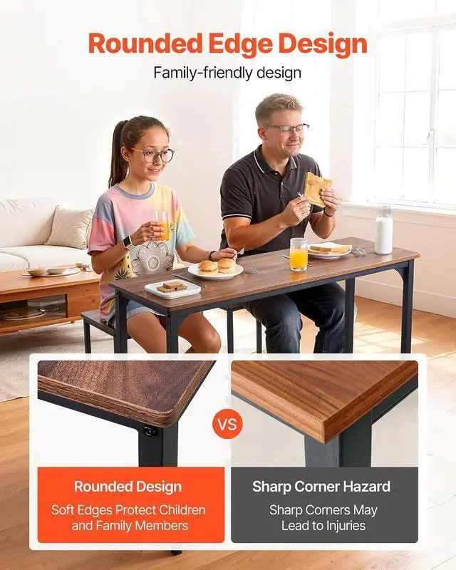 Alt view image 6 of 7 - Bar Table and Chairs Set, 3PCS 47.2 Bars Tables Set with Rounded Edge Design, Rectangular Pub Table with Two Stools for Office Desk, Breakfast Corner, Mini Bars, Walnut Color, Black