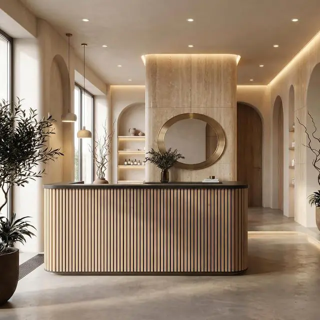 Alt view image 4 of 7 - 70.87in Yellow Curved Reception Desk,Mid Century Front Desk Reception Room Table with LED Lights, Retail Counter for Checkout, Lobby, Beauty Salon