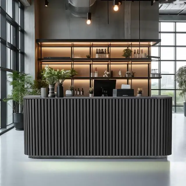 Main image of 70.87in Black Curved Reception Desk, Mid Century Front Desk Reception Room Table with LED Lights, Retail Counter for Checkout, Lobby, Beauty Salon