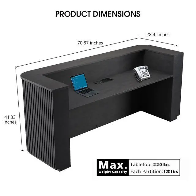 Alt view image 2 of 7 - 70.87in Black Curved Reception Desk, Mid Century Front Desk Reception Room Table with LED Lights, Retail Counter for Checkout, Lobby, Beauty Salon