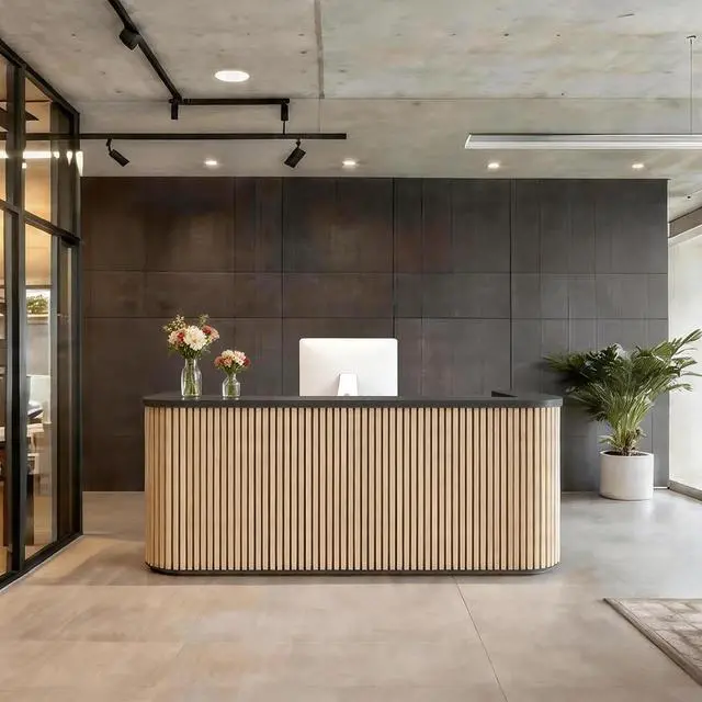 Alt view image 3 of 7 - 70.87in Yellow Curved Reception Desk,Mid Century Front Desk Reception Room Table with LED Lights, Retail Counter for Checkout, Lobby, Beauty Salon
