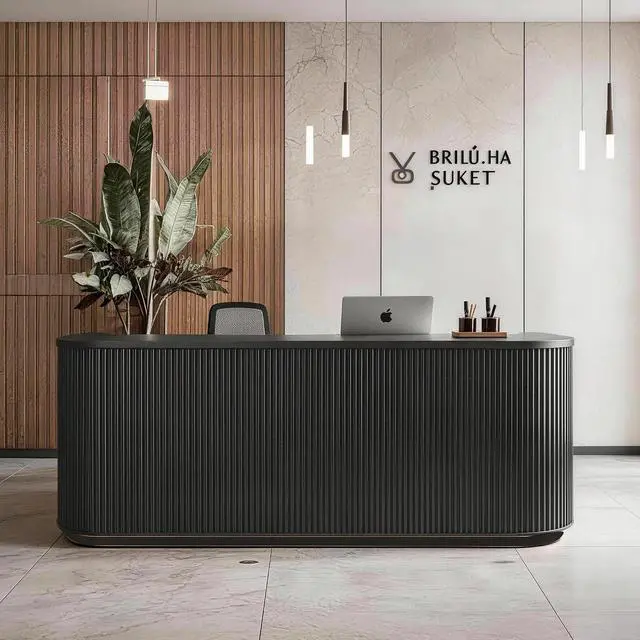 Alt view image 3 of 7 - 70.87in Black Curved Reception Desk, Mid Century Front Desk Reception Room Table with LED Lights, Retail Counter for Checkout, Lobby, Beauty Salon