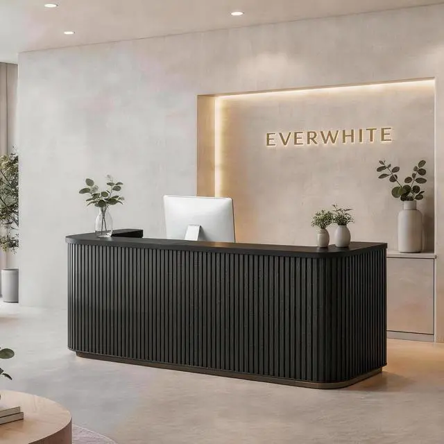 Alt view image 4 of 7 - 70.87in Black Curved Reception Desk, Mid Century Front Desk Reception Room Table with LED Lights, Retail Counter for Checkout, Lobby, Beauty Salon