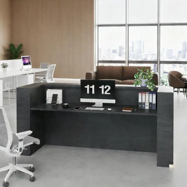 Alt view image 6 of 7 - 70.87in Black Curved Reception Desk, Mid Century Front Desk Reception Room Table with LED Lights, Retail Counter for Checkout, Lobby, Beauty Salon